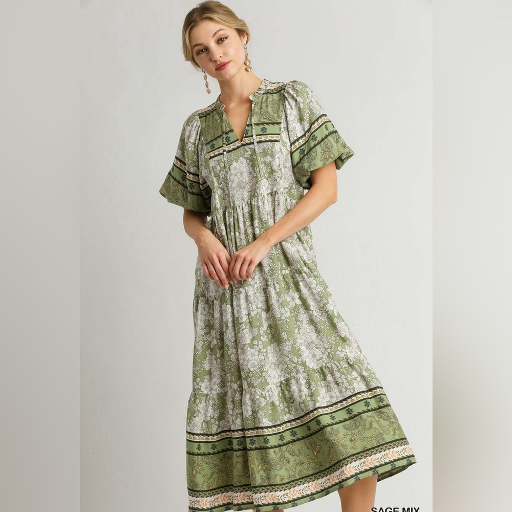 Umgee NWT Boutique Boho Hippy Floral Print Dress S - L SAGE greenBohemian Gypsy - Picture 4 of 10